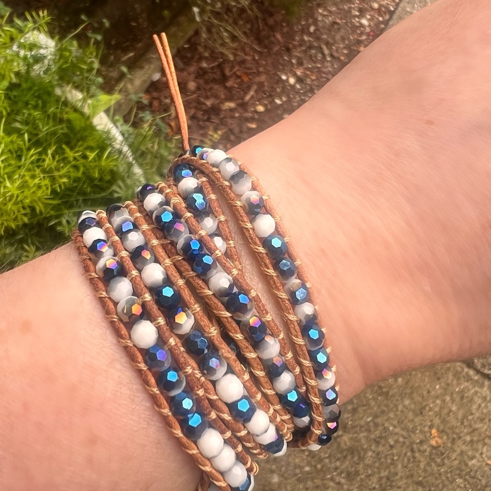 Victoria Emerson Blue and White Leather/Beaded Wrap Bracelet